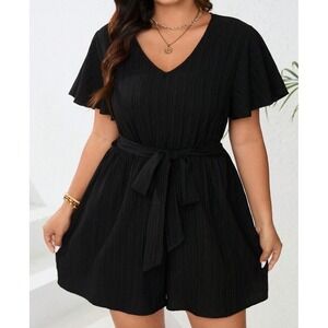 SHEIN Women Black Plisse V-Neck Flutter Sleeve Tie Waist Romper